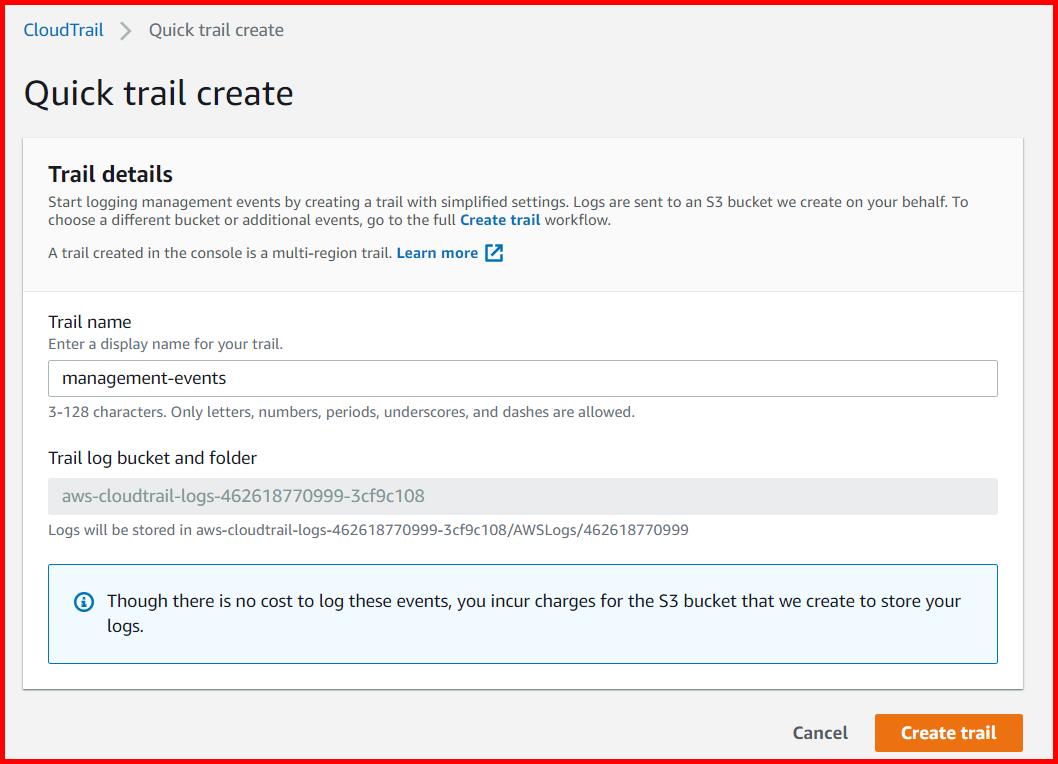Picture showing the quick cloud trail creation screen